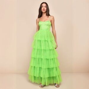Lulus Rule the Runway Lime Green Tulle Bustier Tiered Maxi Dress Size S
